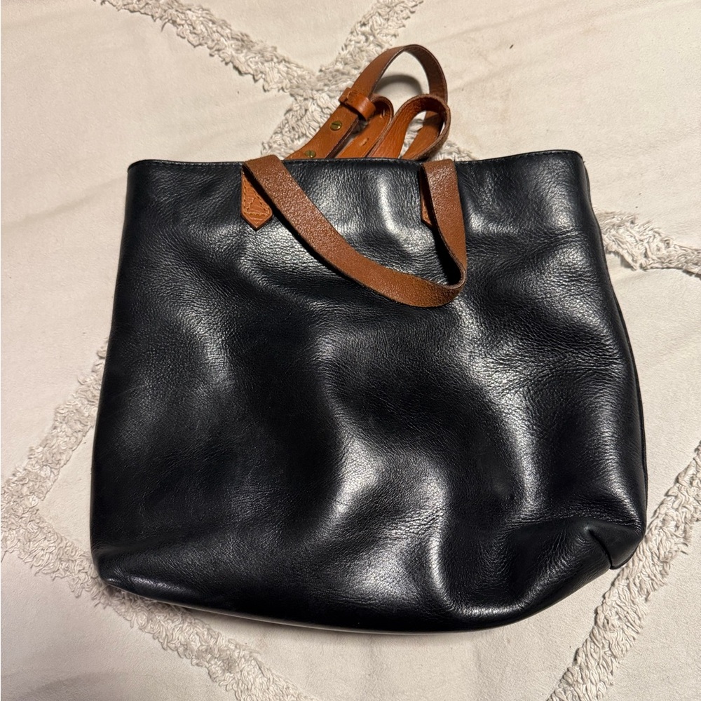 Madewell Black Leather Tote with Brown Straps